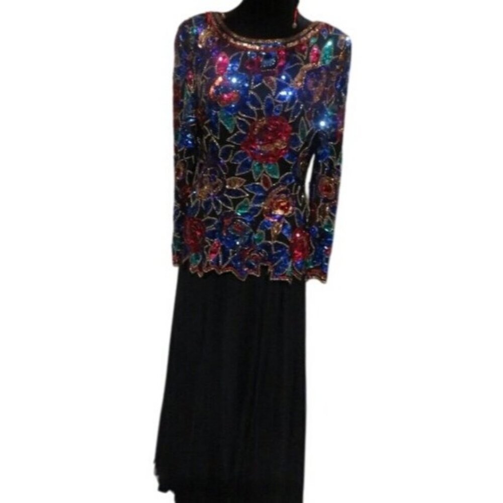 Oleg Cassini Black Tie Stunning Intricate Hand Beaded Sequined Gown Vintage